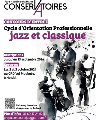 [ Concours - Cycle spécialisé JAZZ ]
Il reste quelques places pour intégrer le cursus du CRD de Val-Maubuée/ Noisiel (situé à seulement 20min du centre de Paris en RER). 

Encore une dizaine de jours pour vous inscrire dans
pour concours d’entrée aura lieu le 3 octobre au Département Jazz - CRD Val Maubuée/ Paris - Vallée de la Marne.

Date limite d’envoi des dossiers d’inscription aux concours : dimanche 15 septembre 2024.

Session ouverte pour les saxophonistes (prof. @boreyfrederic & @sylvaindelcampo), trombonistes (prof. @michaeljoussein , trompettistes (prof. @sylvaingontard), vibraphonistes (prof Damien Coelo) et bassistes/ contrebassistes (prof. @brunoschorp) ! 
Modalités d’inscription :
https://conservatoires.agglo-pvm.fr/information-transversale/actualites-4/cycle-dorientation-professionnelle-concours-dentree-1-13332