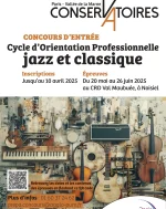 🎷🎷 Concours d'entrée - Cycle d'Orientation professionnelle du Département Jazz - CRD Val Maubuée - Paris - Vallée de la Marne 🎷🎷

📅 INSCRIPTIONS :
▶️ Jusqu'au 10 avril 2025 pour les candidat.e.s souhaitant être accompagné.e.s.

▶️ Jusqu'au 05 mai 2025 pour les candidat.e.s accompagné.e.s de leur propre groupe.

🎼 L’équipe pédagogique du CRD de Noisiel/ Val-Maubuée :

- Marion Chrétien (chant)
- Frederic Borey (saxophone, big band, composition, histoire du jazz, ateliers jazz)
- Sylvain Gontard (trompette)
- Sylvain Del Campo (saxs & flûte, FM jazz, atelier jazz)
- Michael Joussein (trombone, rythme)
- Frédéric Favarel (guitare, FM jazz)
- Bruno Schorp (basse & contrebasse, FM jazz, atelier jazz)
- Laurent Guanzini (piano, arrangement),
- Franck Prevost (piano complémentaire)
- Damien Cœlo (vibraphone, FM Jazz)
- Emmanuel Pollet (batterie, ateliers jazz, coordination pédagogique)
- Matthieu Marthouret Music (piano, FM jazz, Ear Training, ateliers jazz, coordination pédagogique).

https://www.facebook.com/departementjazzcrdvalmaubuee

🚆Le CRD de Val-Maubuée est accessible à 20 min en RER depuis Châtelet - les halles.

🎤Partenariat avec le festival Printemps du Jazz (concerts pédagogiques, master-class...).